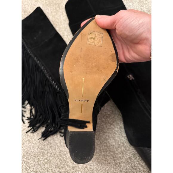 Dolce Vita Black Izie Fringe Pointed Toe High Shaft High-heel Suede Boots, 8 - Picture 7 of 12